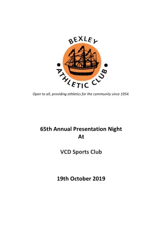 65th Annual Presentation Night  At  VCD Sports Club  19th October 2019  Foreword by  Karen Winfield