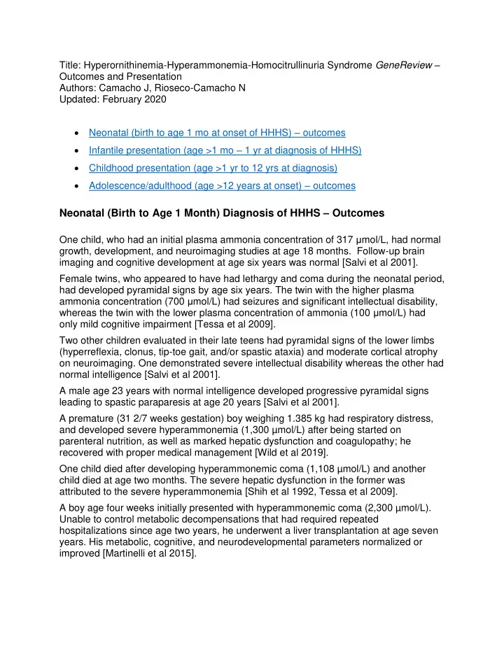 neonatal birth to age 1 month diagnosis of hhhs outcomes
