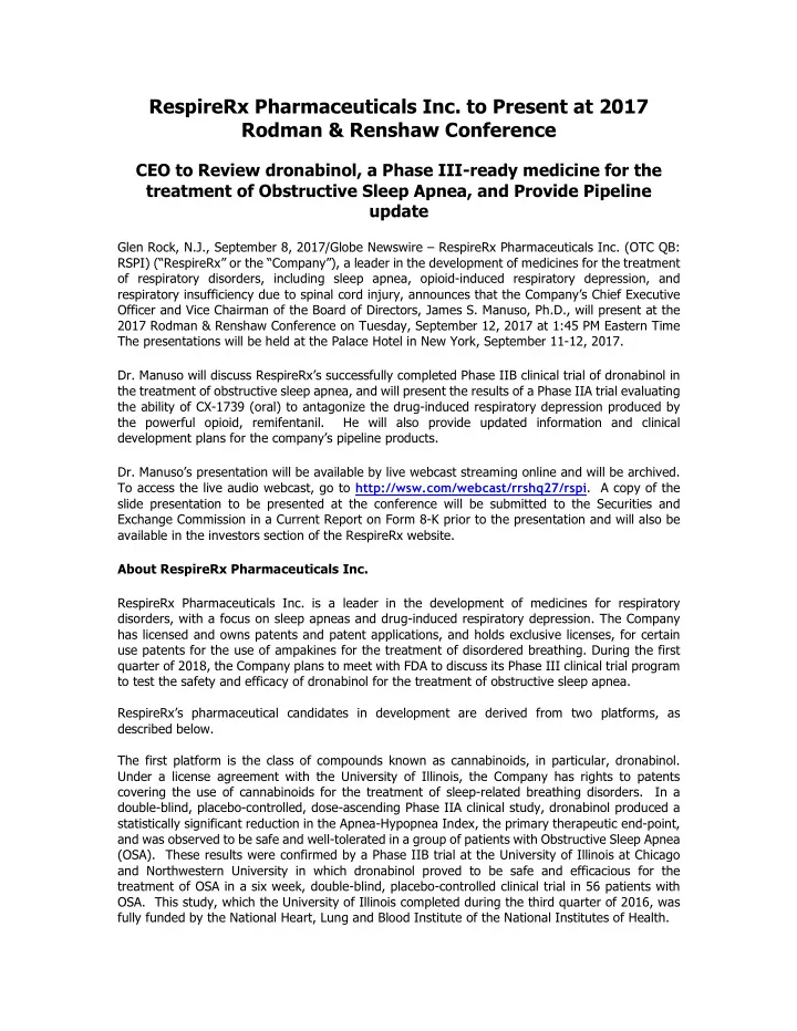respirerx pharmaceuticals inc to present at 2017