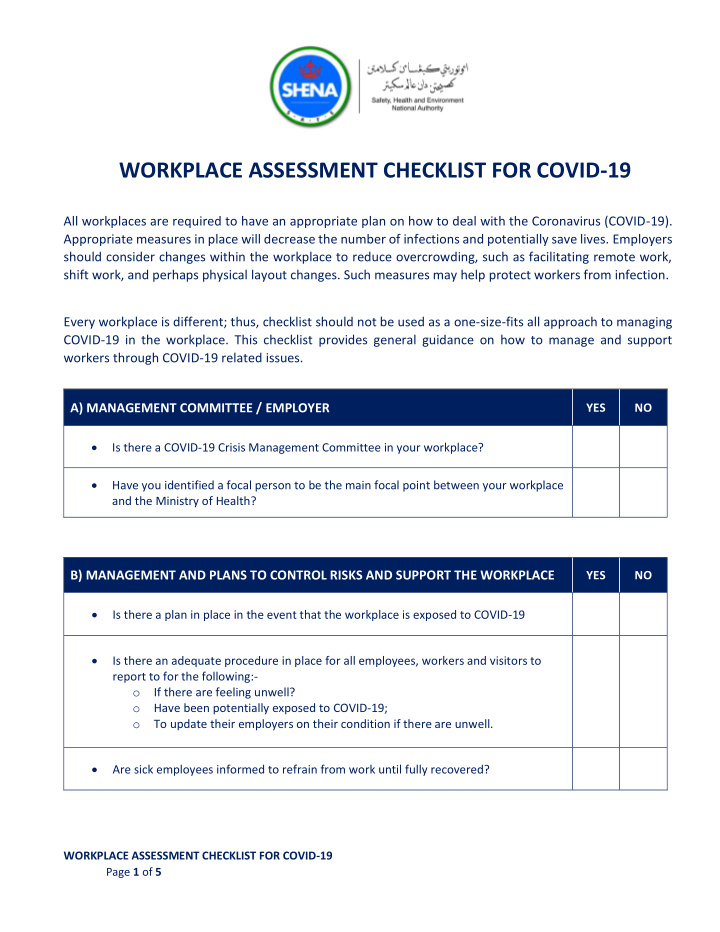 workplace assessment checklist for covid 19