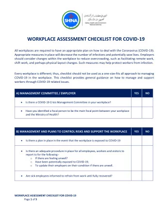 WORKPLACE ASSESSMENT CHECKLIST FOR COVID-19  All workplaces are required to have an appropriate