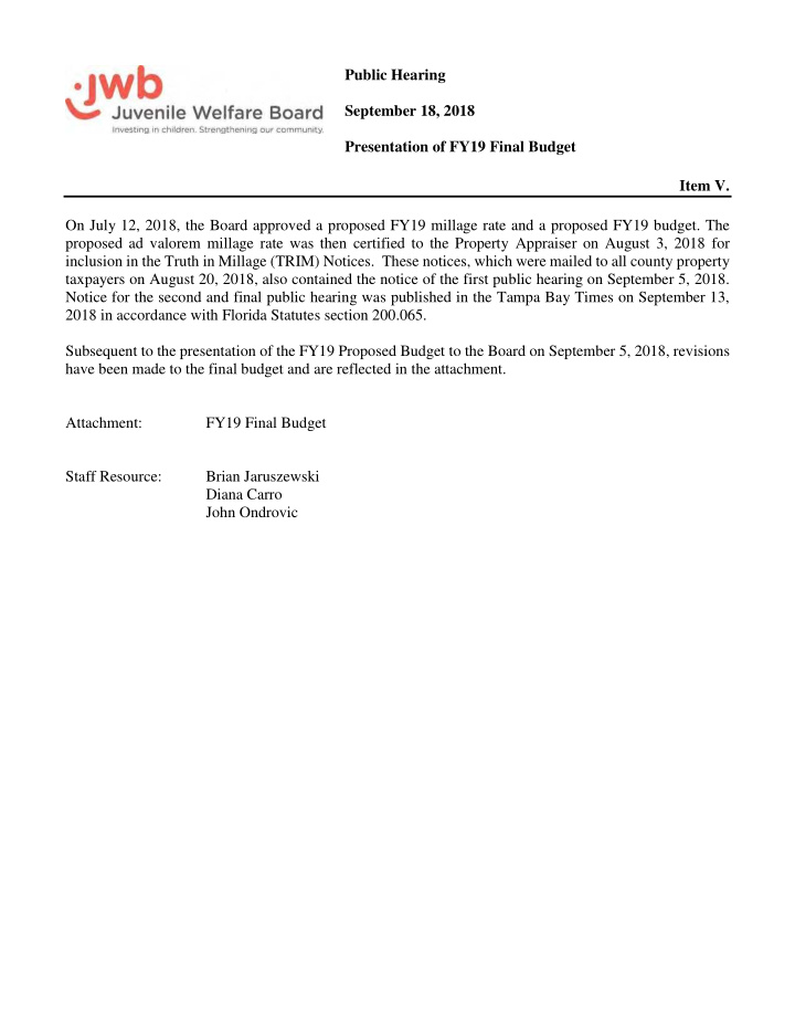 item v on july 12 2018 the board approved a proposed fy19