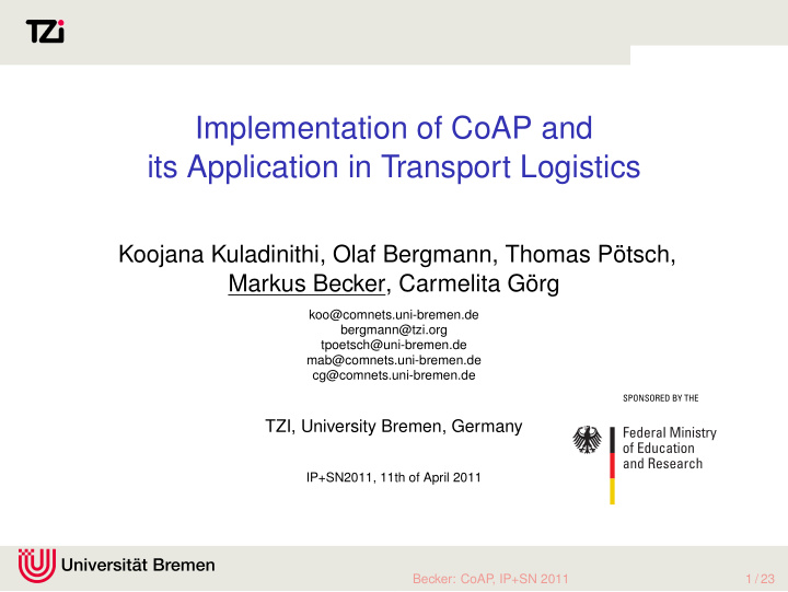 implementation of coap and its application in transport