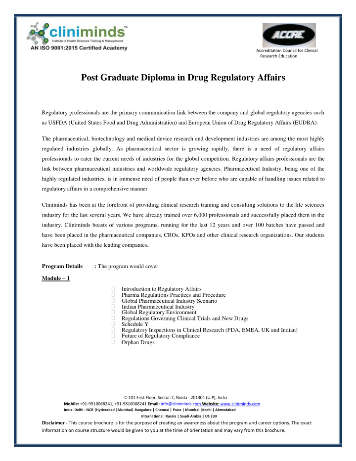 post graduate diploma in drug regulatory affairs