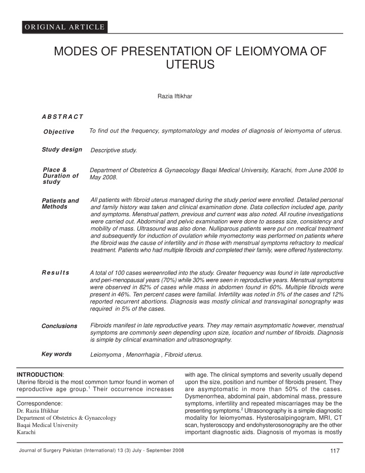 modes of presentation of leiomyoma of uterus