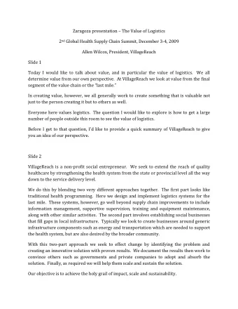 Zaragoza presentation  The Value of Logistics 2 nd Global Health Supply Chain Summit, December