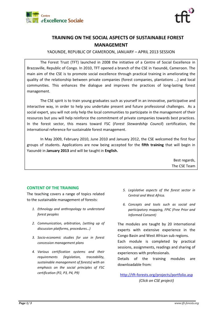 training on the social aspects of sustainable forest