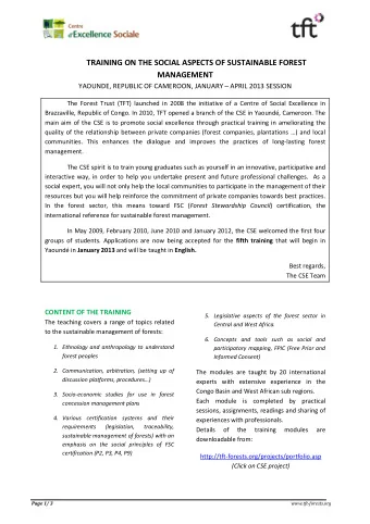 TRAINING ON THE SOCIAL ASPECTS OF SUSTAINABLE FOREST  MANAGEMENT  YAOUNDE, REPUBLIC OF CAMEROON,