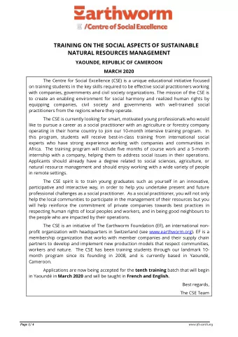 TRAINING ON THE SOCIAL ASPECTS OF SUSTAINABLE  NATURAL RESOURCES MANAGEMENT  YAOUNDE, REPUBLIC OF