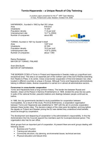 Tornio-Haparanda  a Unique Result of City Twinning A position paper presented for the 4 th NRF