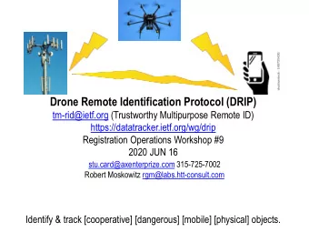 Drone Remote Identification Protocol (DRIP)  tm-rid@ietf.org (Trustworthy Multipurpose Remote ID)