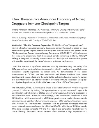 iOmx Therapeutics Announces Discovery of Novel,  Druggable Immune-Checkpoint Targets  iOTarg