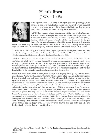 Henrik Ibsen (1828  1906)  Henrik Johan Ibsen (1828-I906), Norwegian poet and playwright, was