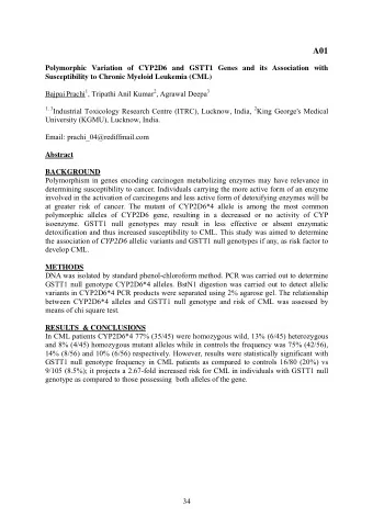 A01  Polymorphic Variation of CYP2D6 and GSTT1 Genes and its Association with  Susceptibility to