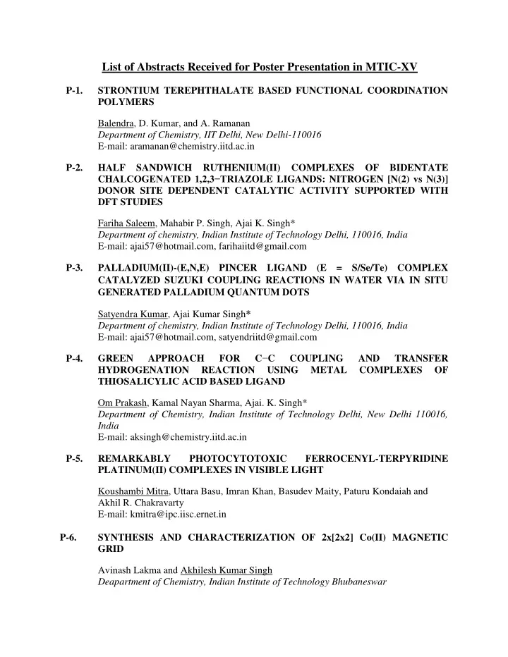 list of abstracts received for poster presentation in