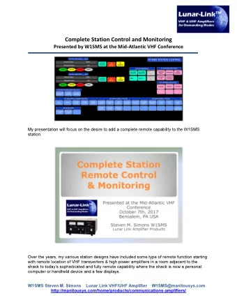 Complete Station Control and Monitoring  Presented by W1SMS at the Mid-Atlantic VHF Conference  My