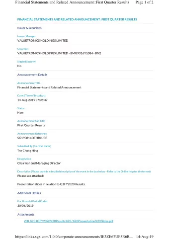 Financial Statements and Related Announcement::First Quarter Results  Page 1 of 2  FINANCIAL