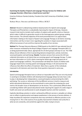 Abstract: Research underpinning evidence-based practice for Speech and Language  Therapists and