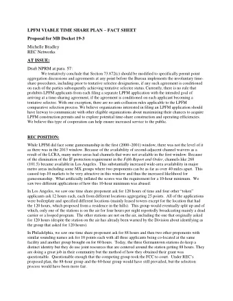 LPFM VIABLE TIME SHARE PLAN  FACT SHEET  Proposal for MB Docket 19-3  Michelle Bradley  REC