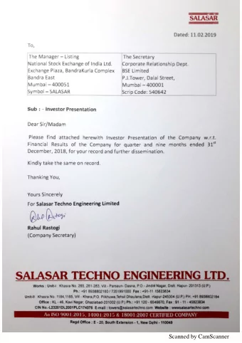Scanned by CamScanner  SALASAR  Salasar Techno Engineering Limited  Q3 &amp; 9M FY19  Result Update