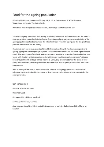 Food for the ageing population  Edited by M M Raats, University of Surrey, UK, C P G M De Groot and