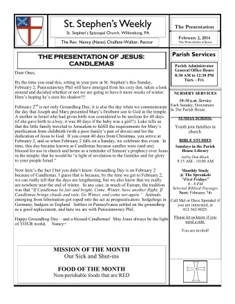 St. Stephens Weekly  The Presentation St. Stephens Episcopal Church, Wilkinsburg, PA