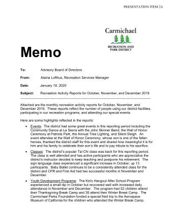 Sports:  The fall youth sports programs had an overall increase in participation of  14