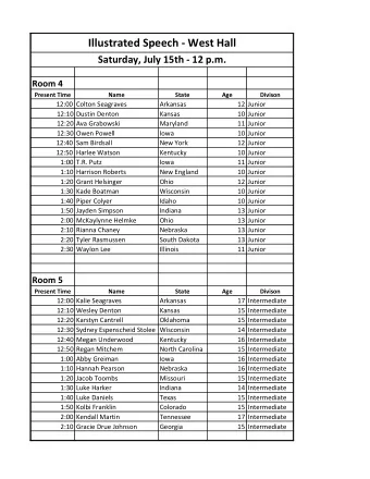 Illustrated Speech - West Hall  Saturday, July 15th - 12 p.m.  Room 4  Present Time  Name  State