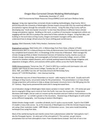Oregon Bias-Corrected Climate Modeling Methodologies Wednesday, December 4 th , 2019  ASCE