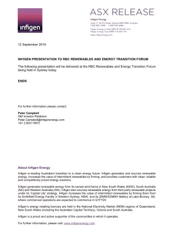 12 September 2019  INFIGEN PRESENTATION TO RBC RENEWABLES AND ENERGY TRANSITION FORUM  The