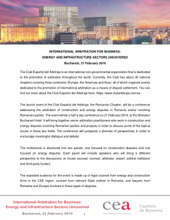INTERNATIONAL ARBITRATION FOR BUSINESS:  ENERGY AND INFRASTRUCTURE SECTORS UNCOVERED  Bucharest, 21
