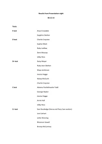 Results from Presentation night  06 12 14  Tests: E test  Anya Croasdale  Sapphire Skelton D test