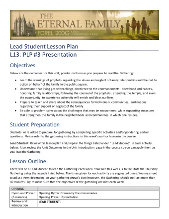 Lead Student Lesson Plan L13: PLP #3 Presentation  Objectives  Below are the outcomes for this