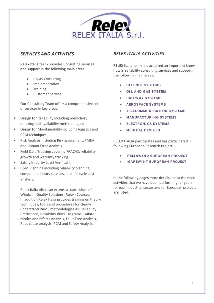 relex italia activities services and activities relex