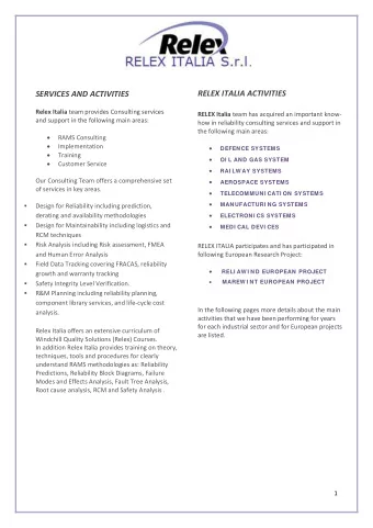 RELEX ITALIA ACTIVITIES SERVICES AND ACTIVITIES Relex Italia team provides Consulting services