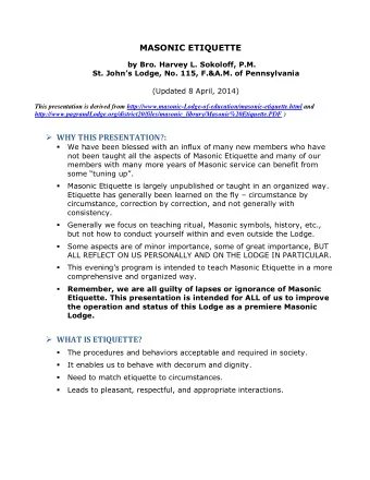 MASONIC ETIQUETTE  by Bro. Harvey L. Sokoloff, P.M. St. Johns Lodge, No. 115, F.&amp;A.M. of