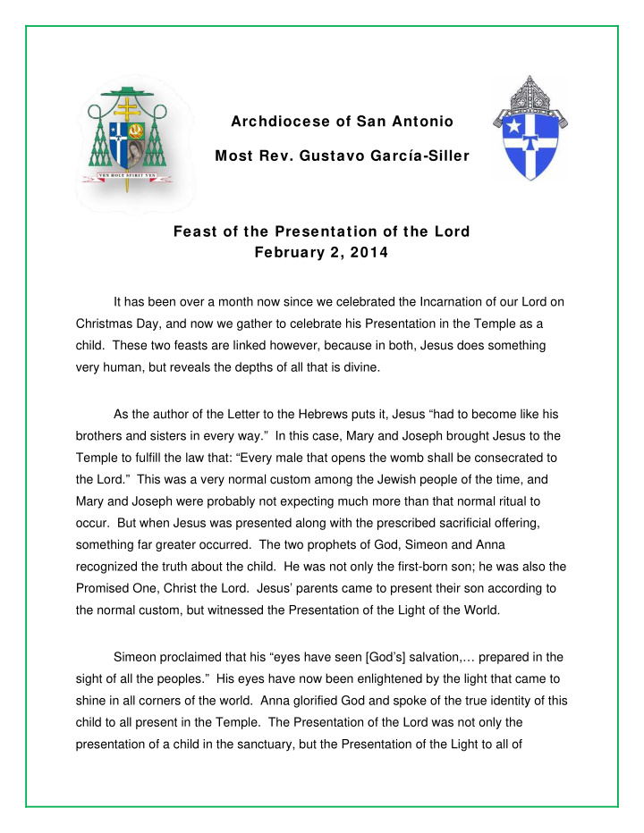 feast of the presentation of the lord february 2 2014 it