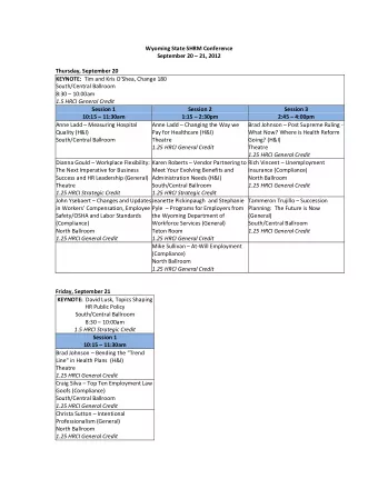 Wyoming State SHRM Conference September 20  21, 2012  Thursday, September 20 KEYNOTE: Tim and