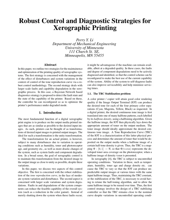 robust control and diagnostic strategies for xerographic