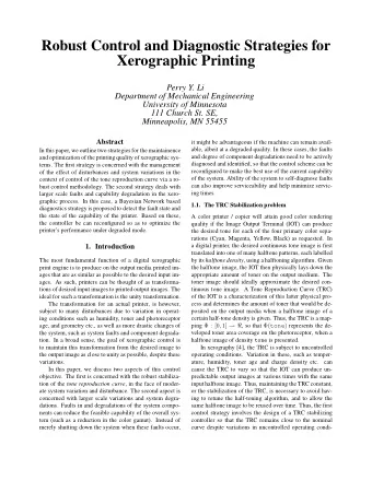 Robust Control and Diagnostic Strategies for  Xerographic Printing  Perry Y. Li  Department of