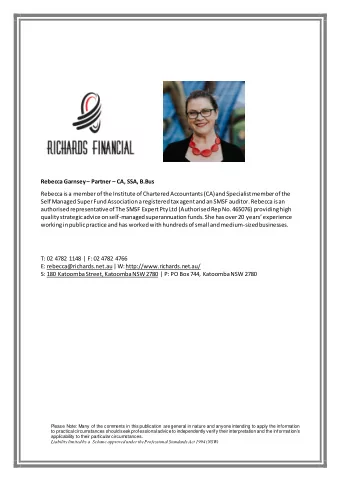 Rebecca Garnsey  Partner  CA, SSA, B.Bus  Rebecca is a member of the Institute of Chartered