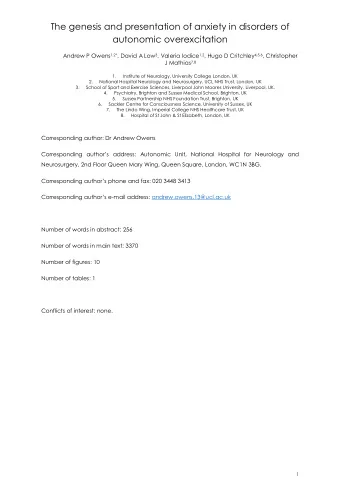 The genesis and presentation of anxiety in disorders of  autonomic overexcitation Andrew P Owens