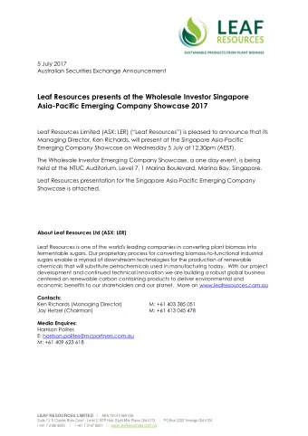 Leaf Resources presents at the Wholesale Investor Singapore  Asia-Pacific Emerging Company Showcase