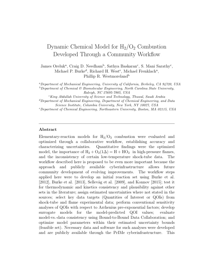 dynamic chemical model for h 2 o 2 combustion developed