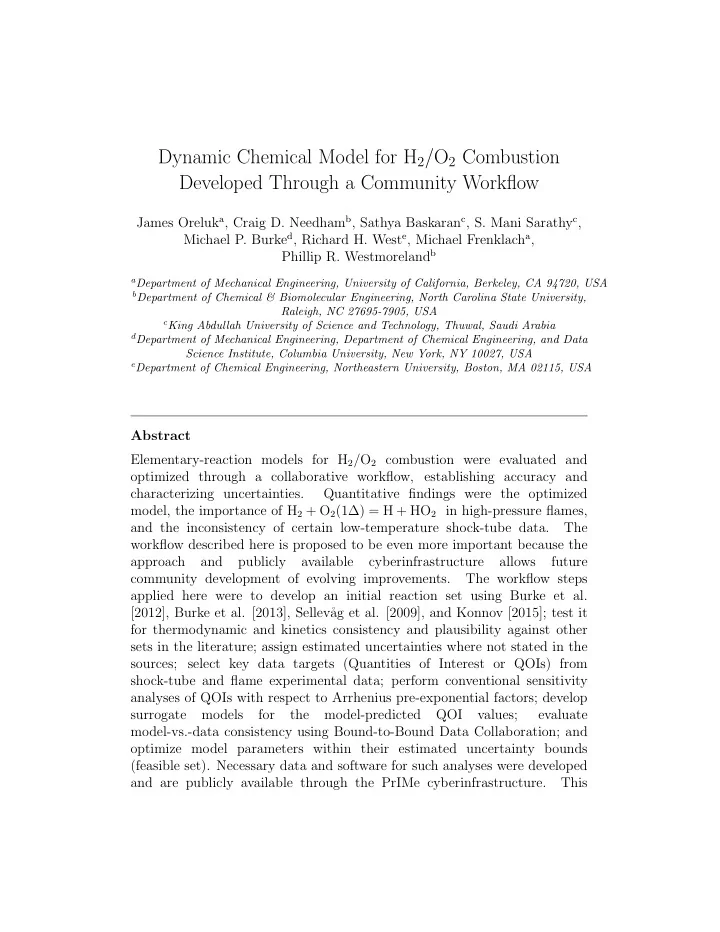 dynamic chemical model for h 2 o 2 combustion developed
