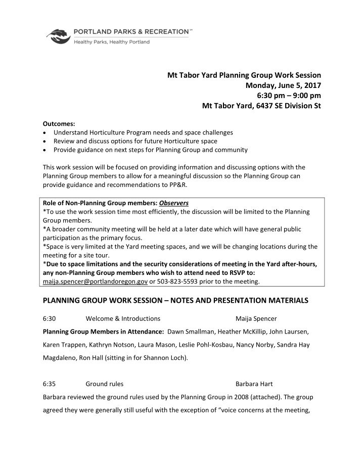 mt tabor yard planning group work session monday june 5