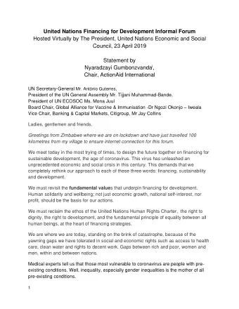 United Nations Financing for Development Informal Forum  Hosted Virtually by The President, United