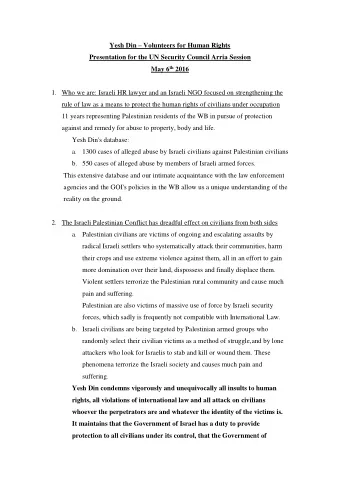Yesh Din  Volunteers for Human Rights  Presentation for the UN Security Council Arria Session