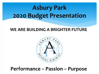 Asbury Park  2020 Budget Presentation  WE ARE BUILDING A BRIGHTER FUTURE Performance  Passion