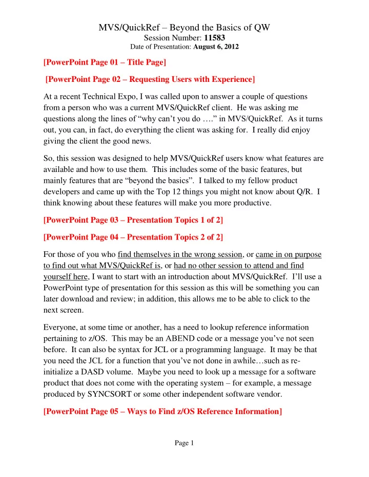 mvs quickref beyond the basics of qw